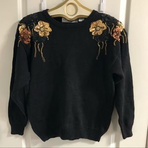 Black long sleeve sweater sequins beaded shoulder